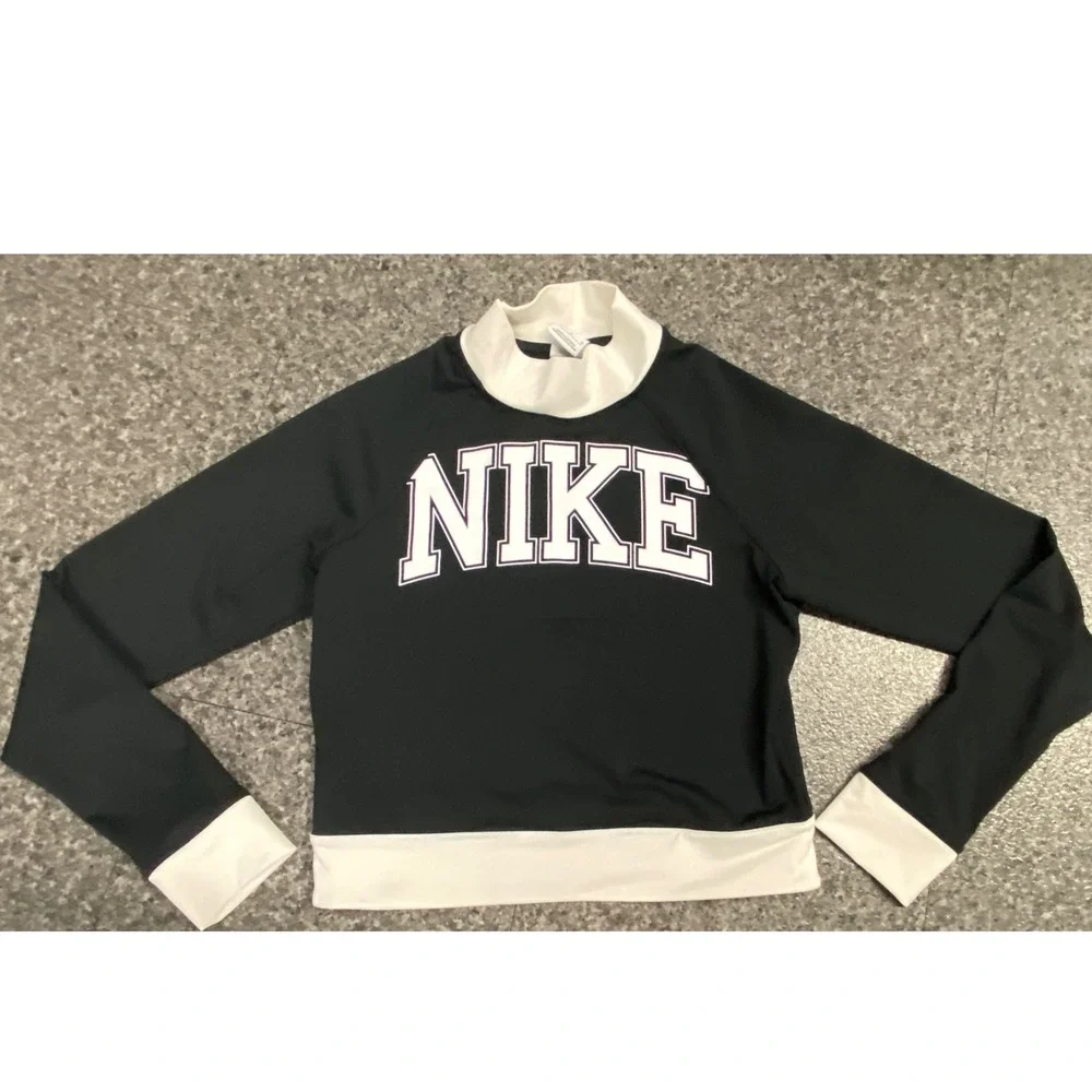 Nike Cropped Mock Neck Top Womens Medium Black White Excellent Spellout Logo